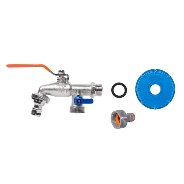 Set conector robinet IBC cu robinet metalic cu ieșire dublă 1/2R 3/4" KM