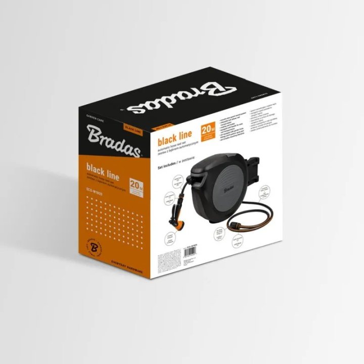 Suport automat pentru furtun Black Line 20m cu furtun 1/2" și accesorii